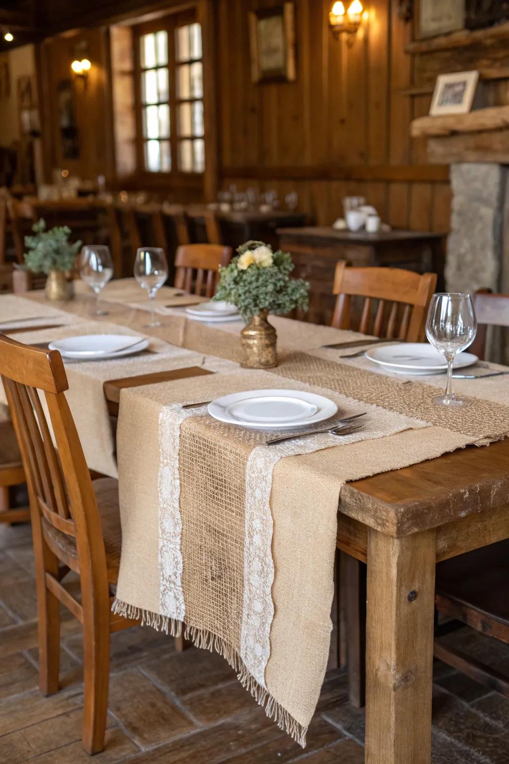 A down-to-earth hessian table accent brings a cozy feel to the dining space.