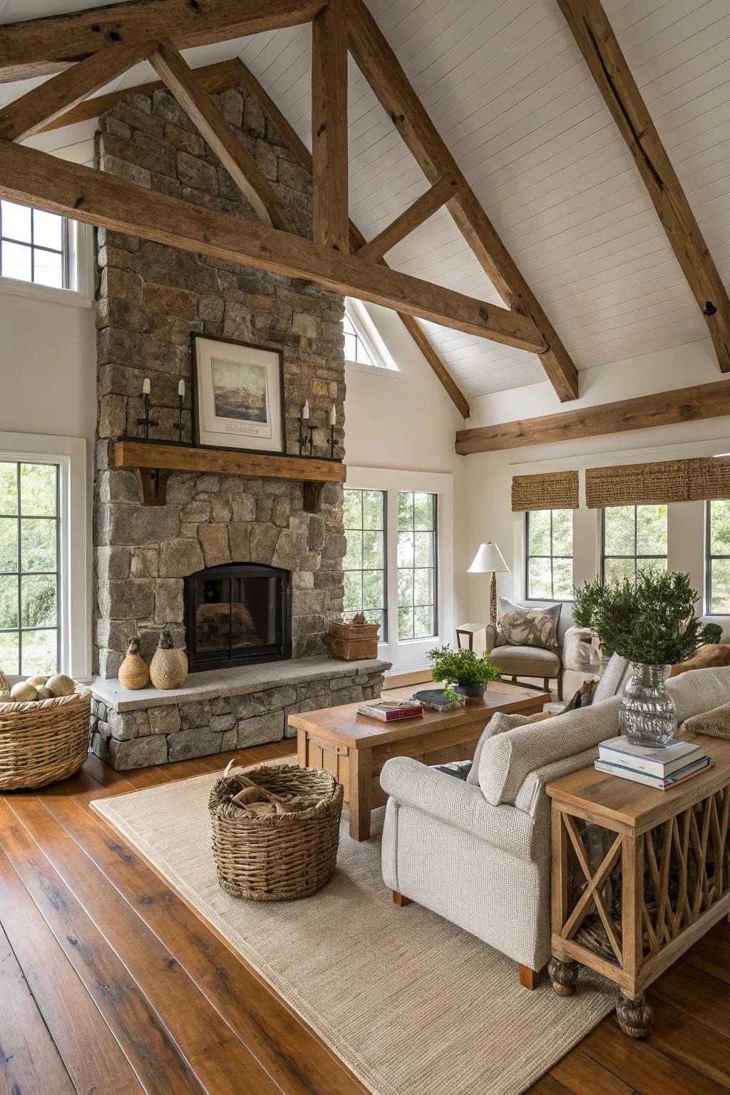A rustic farmhouse living room showcasing exposed wood beams and a charming stone fireplace.