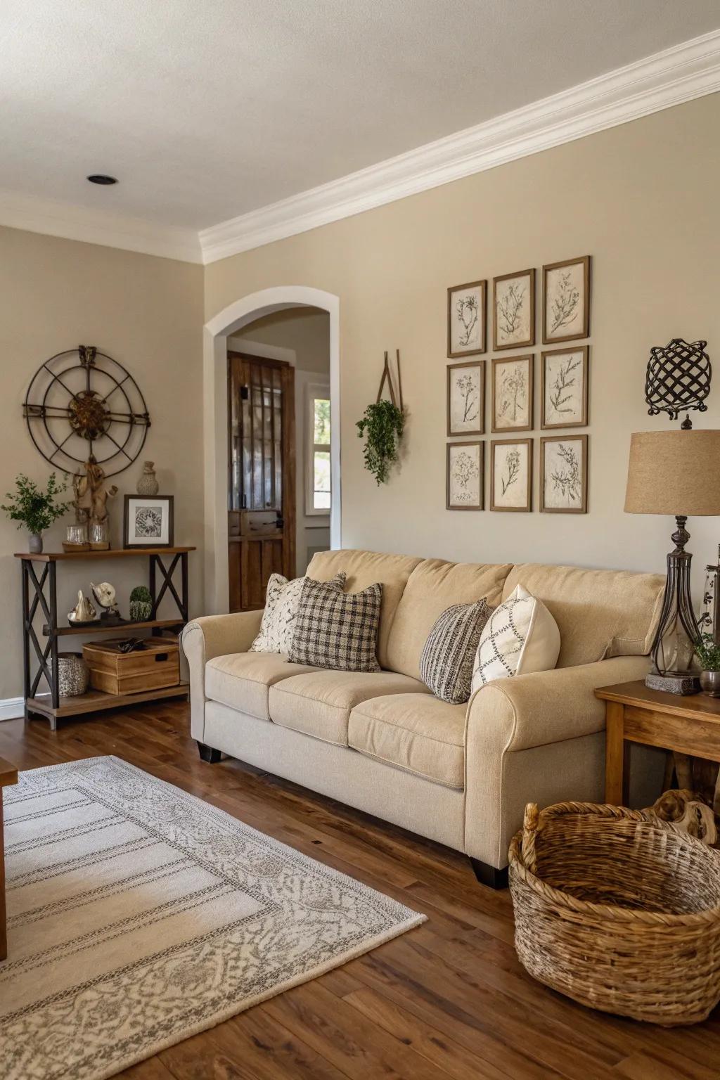 A serene neutral color palette in a farmhouse-inspired living area.