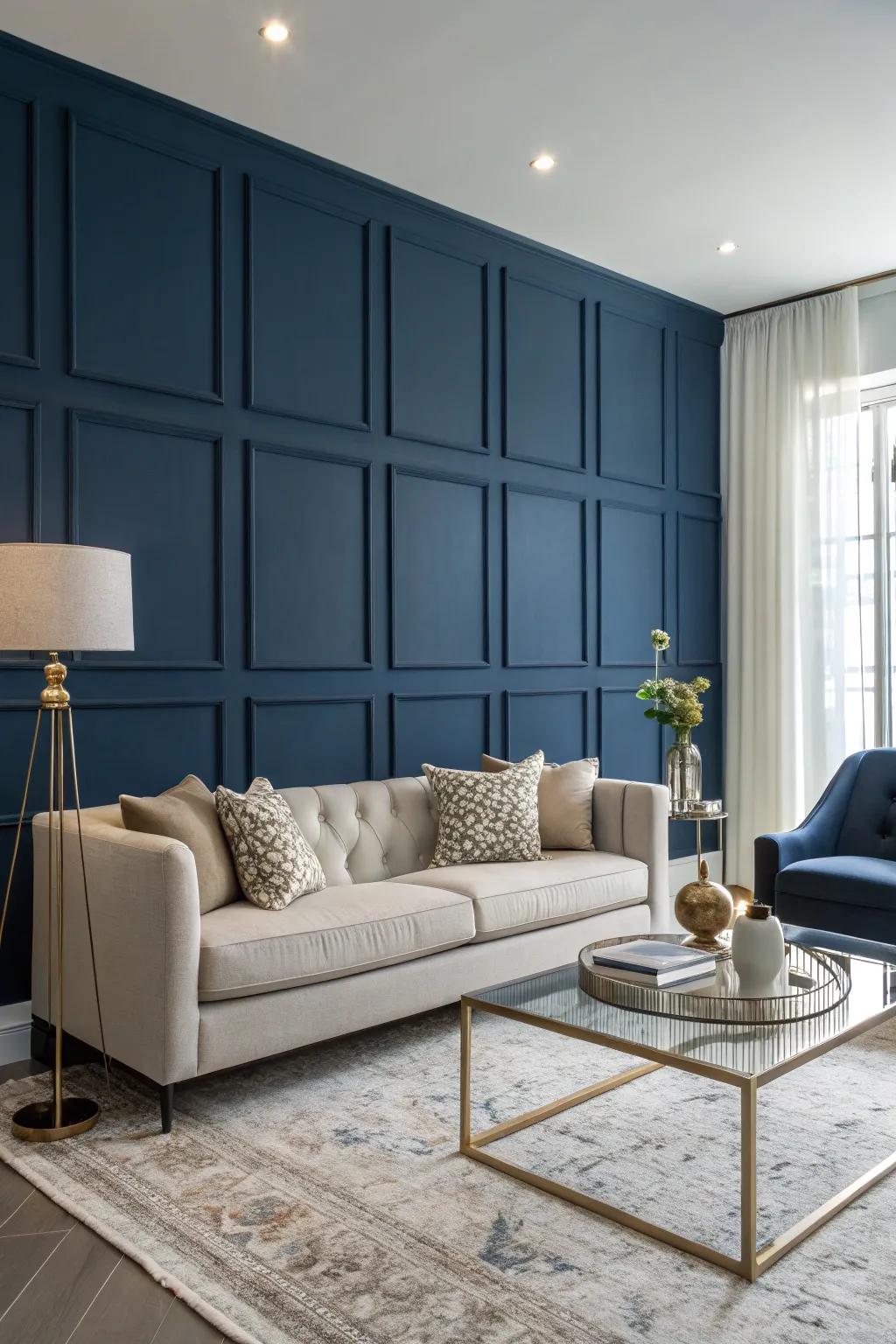 A striking navy blue feature wall immediately draws the eye, creating a central point of interest.