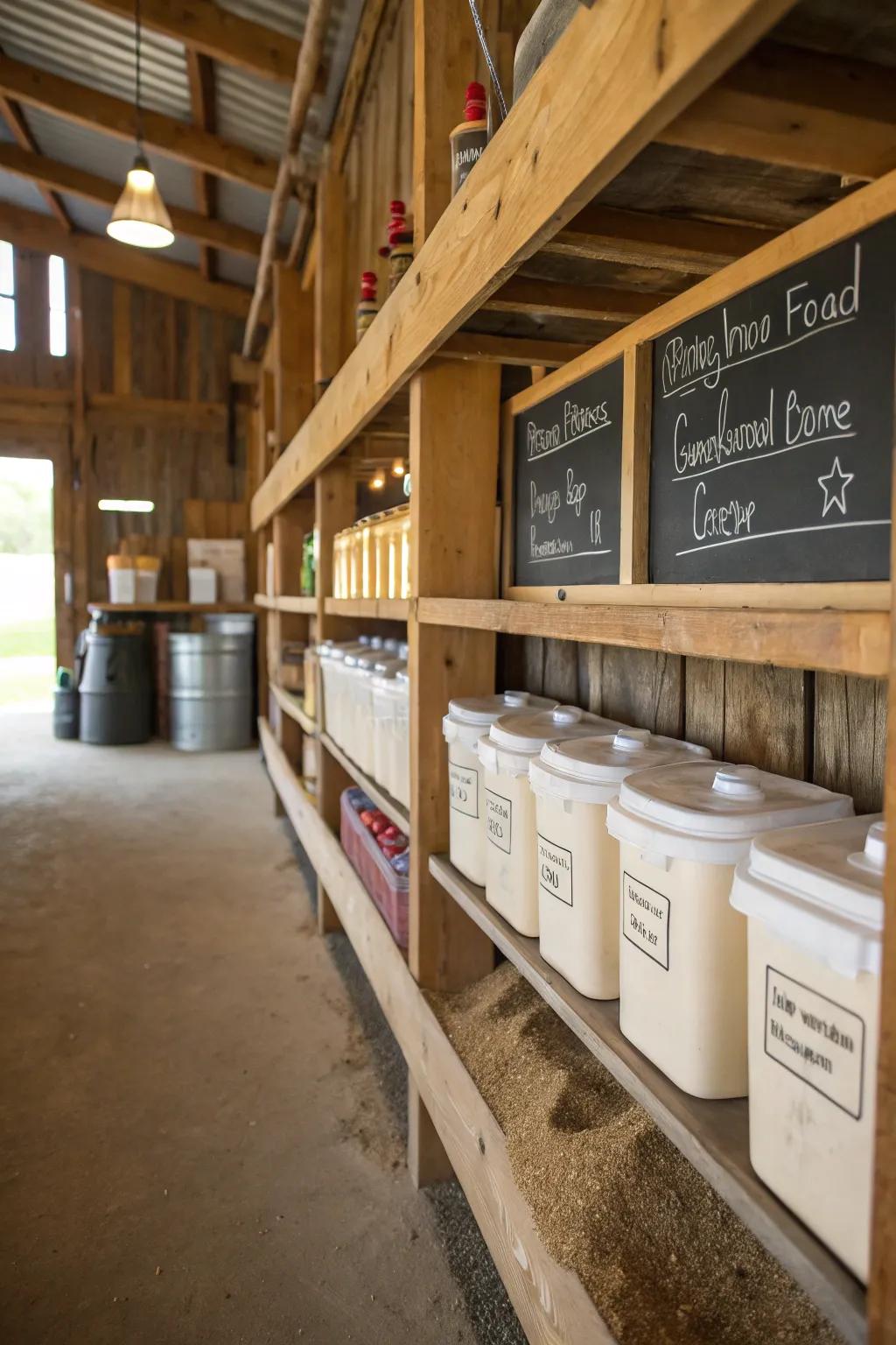 Clear labels make finding what you need easy in a busy feed room.
