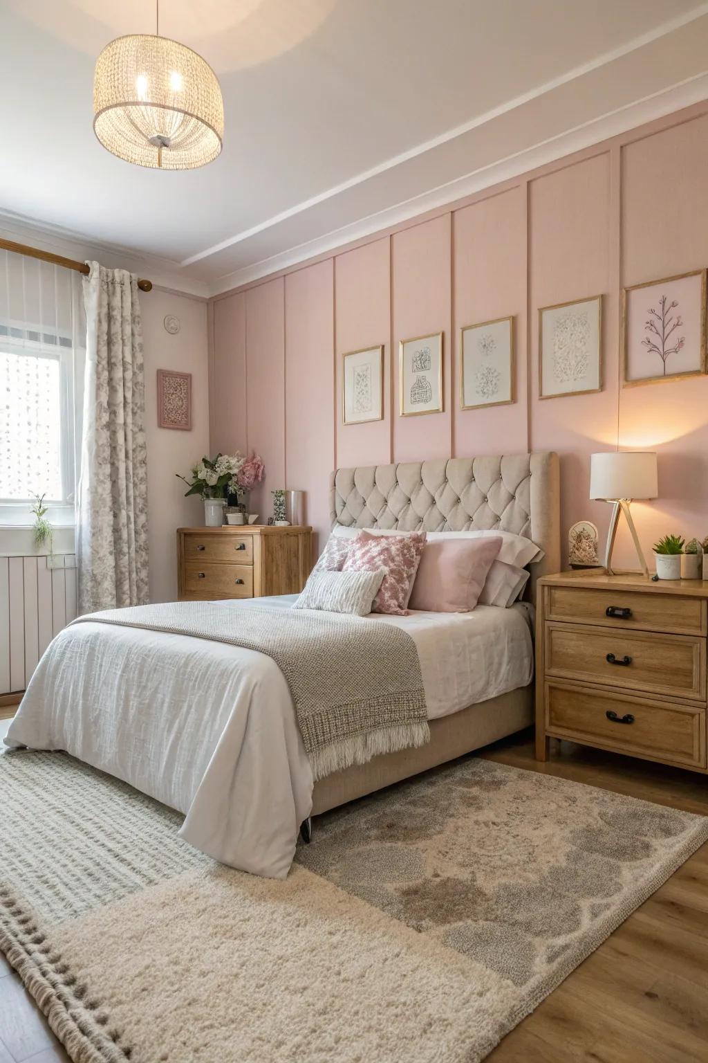 A peaceful bedroom utilizing delicate roses and creams for a serene vibe.