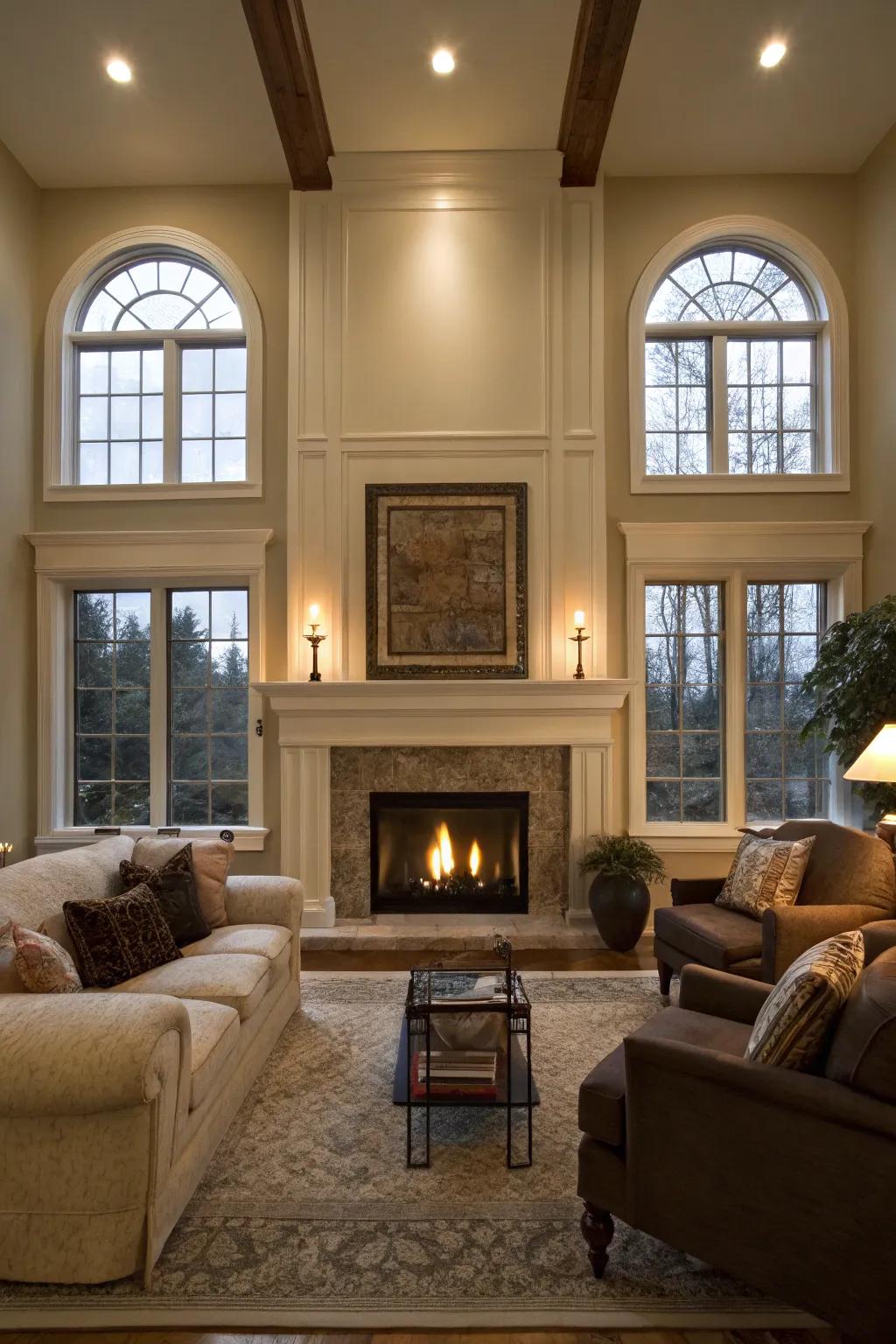 Symmetrical design creates a peaceful atmosphere, highlighting the fireplace.
