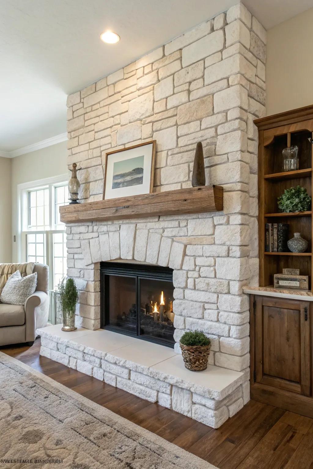 Rock and brick coalesce to form a timeless fireplace aesthetic.