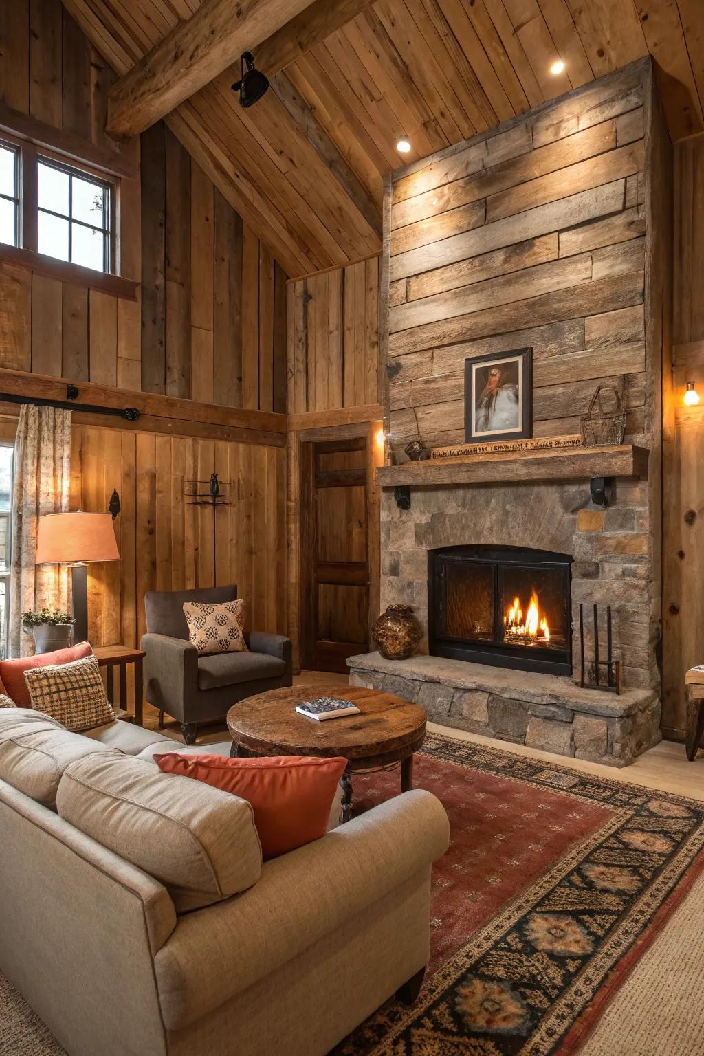 A warm, inviting living space showcasing a fireplace framed with reclaimed wood panels.