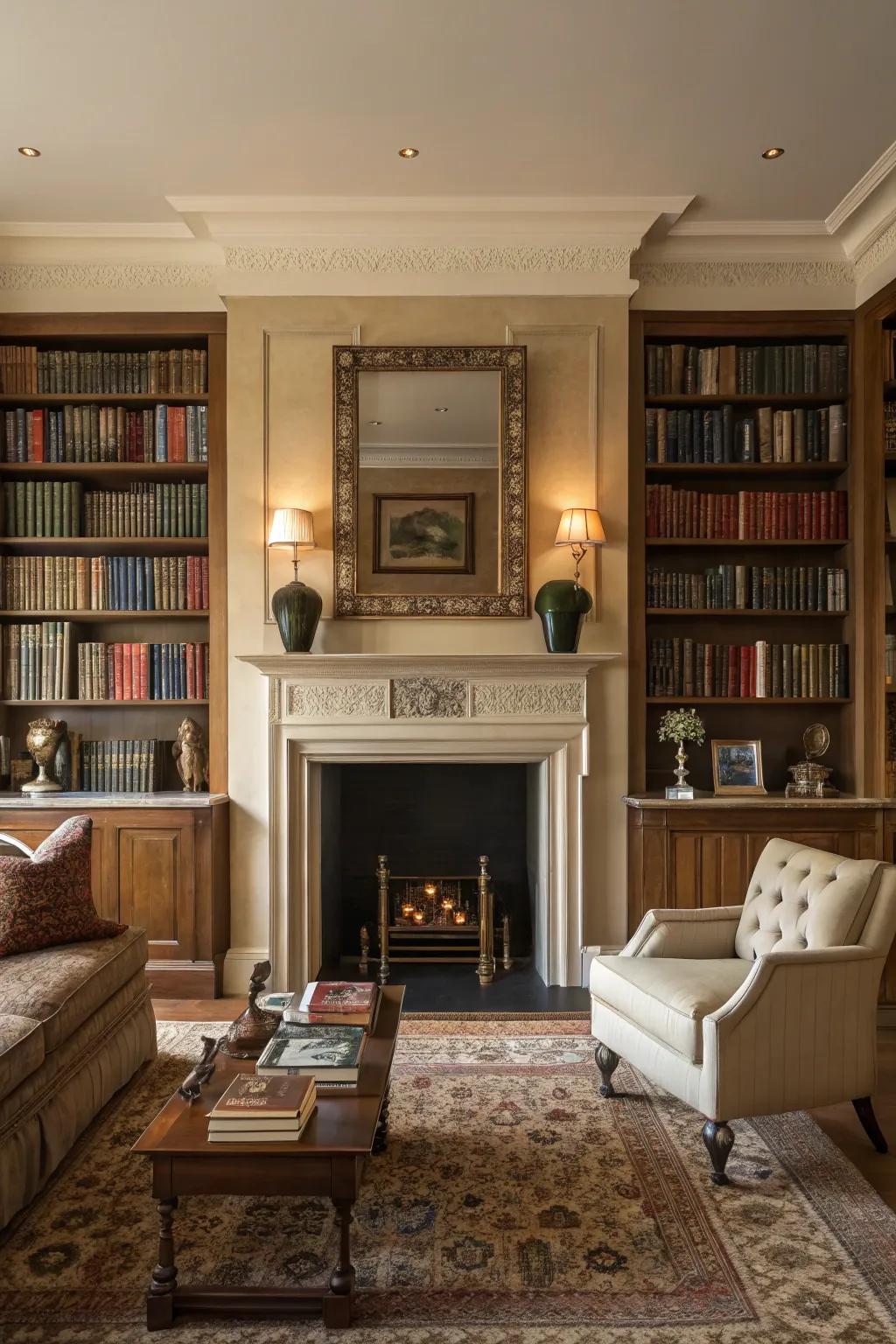 A setup of traditional symmetry showcasing bookshelves that embrace the fireside.