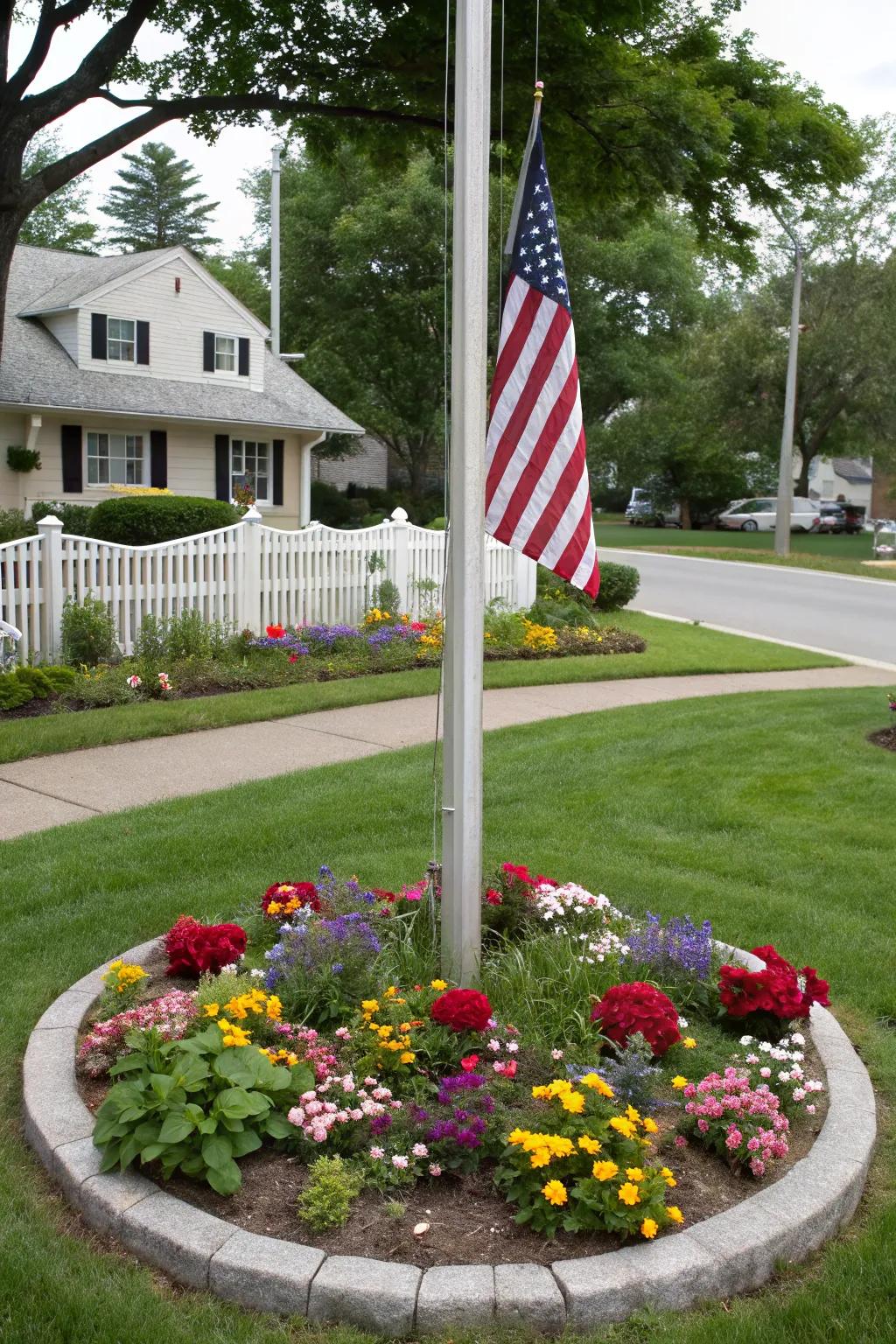 A circular flower bed around a flagpole offers a visually stunning central focus.
