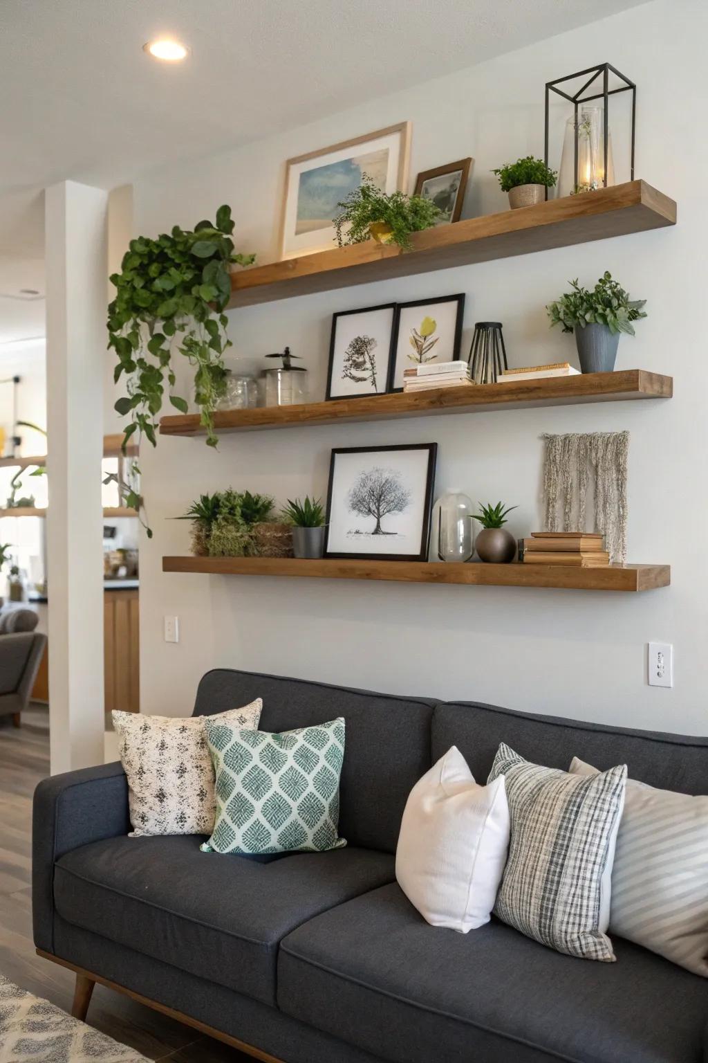 Shelves hovering above a sofa marry charm with practicality.
