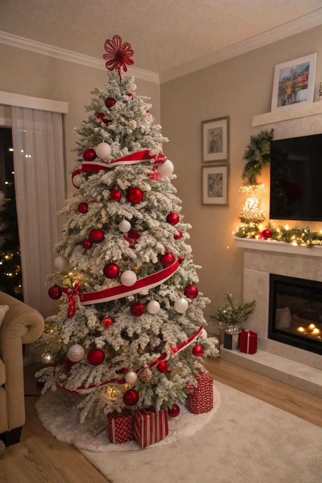 A classically adorned flocked Christmas tree in crimson and ivory.
