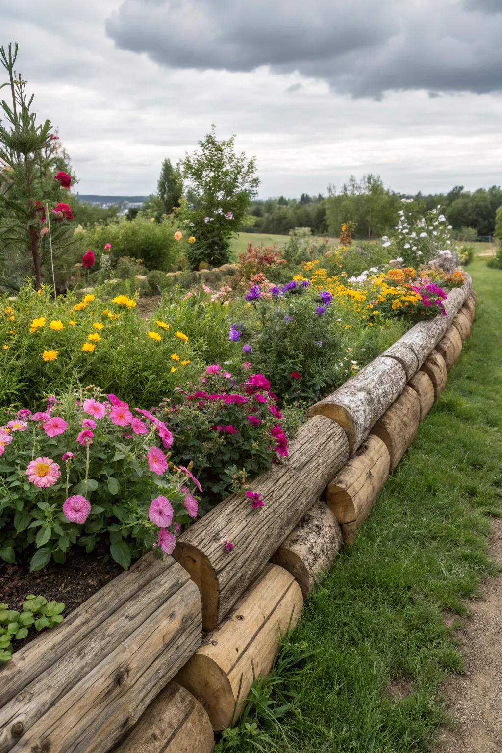 Wood logs form a cozy and rustic border for flower patches.