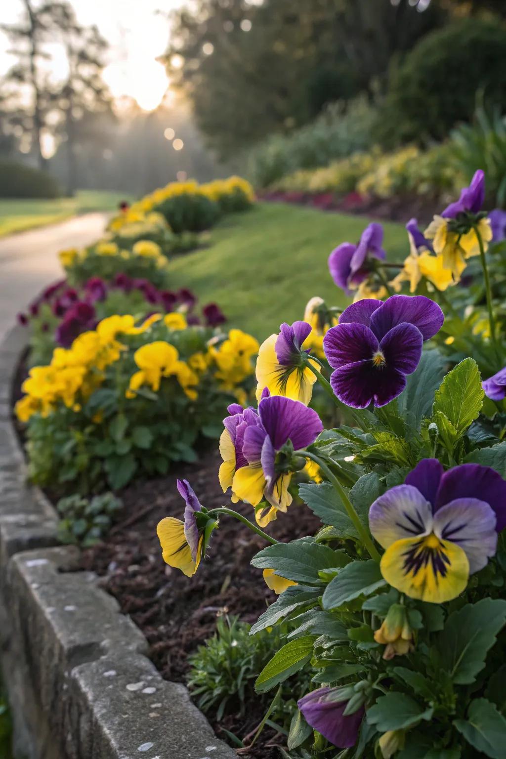 A dazzling floral border showcasing striking purples paired with sunlit yellow blossoms.