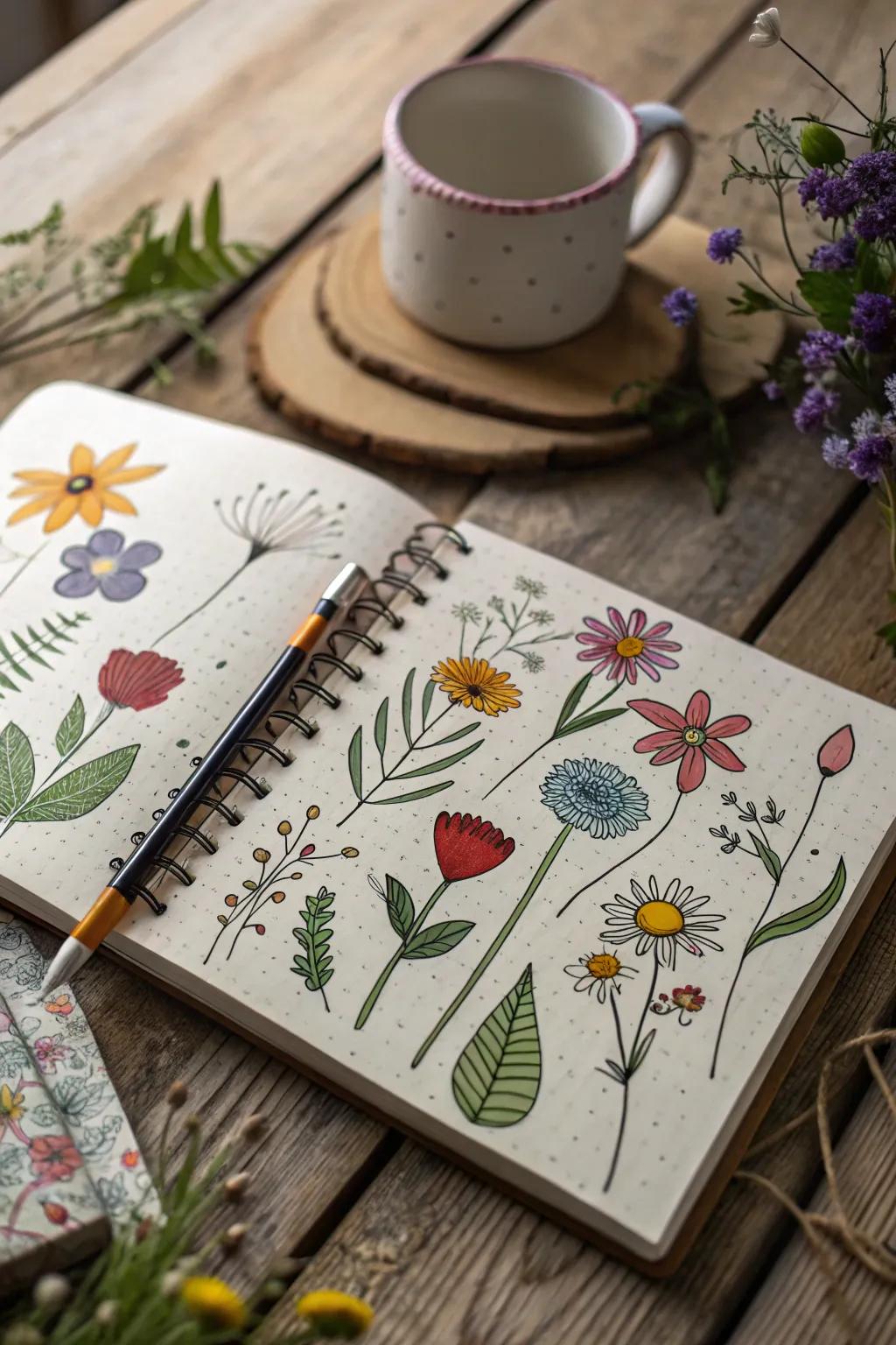 Carefree bloom sketches introduce nature's beauty.