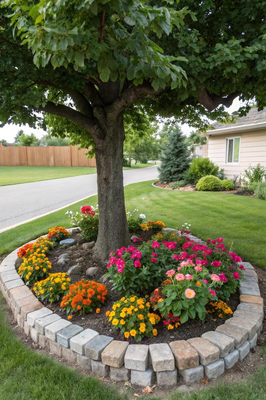 A tree adorned with an elegant stone border, amplifying the garden’s charm.