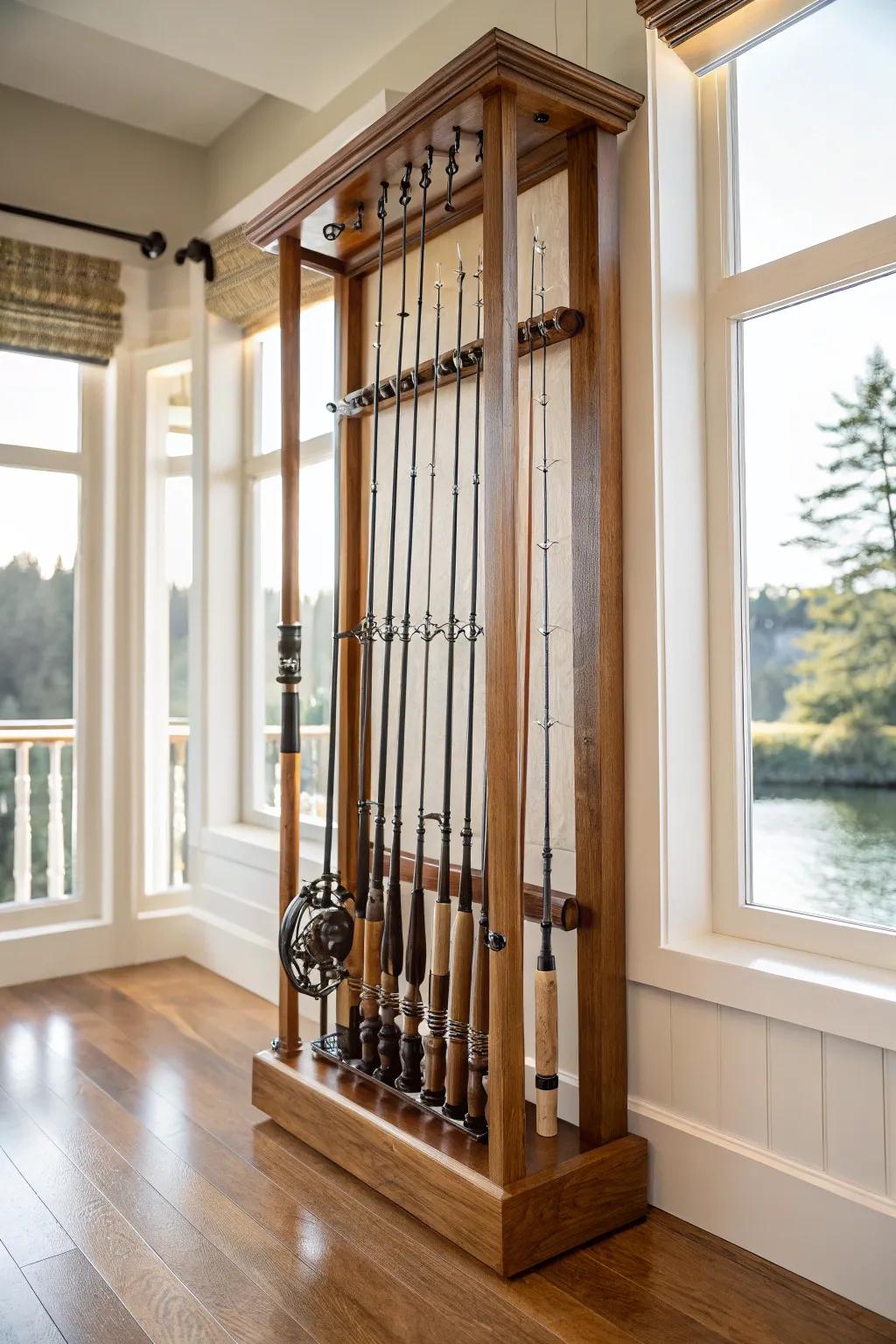 Upright rod storage blends practicality with visual charm.