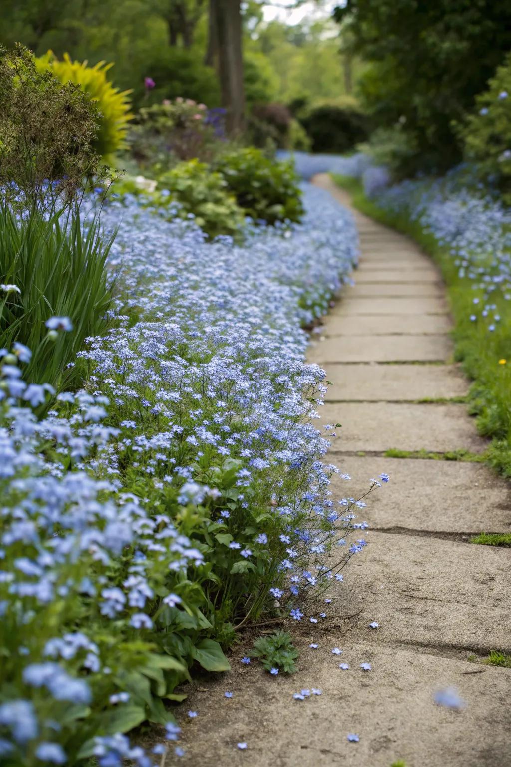 Graduated forget-me-nots form an enchanting border along garden paths.