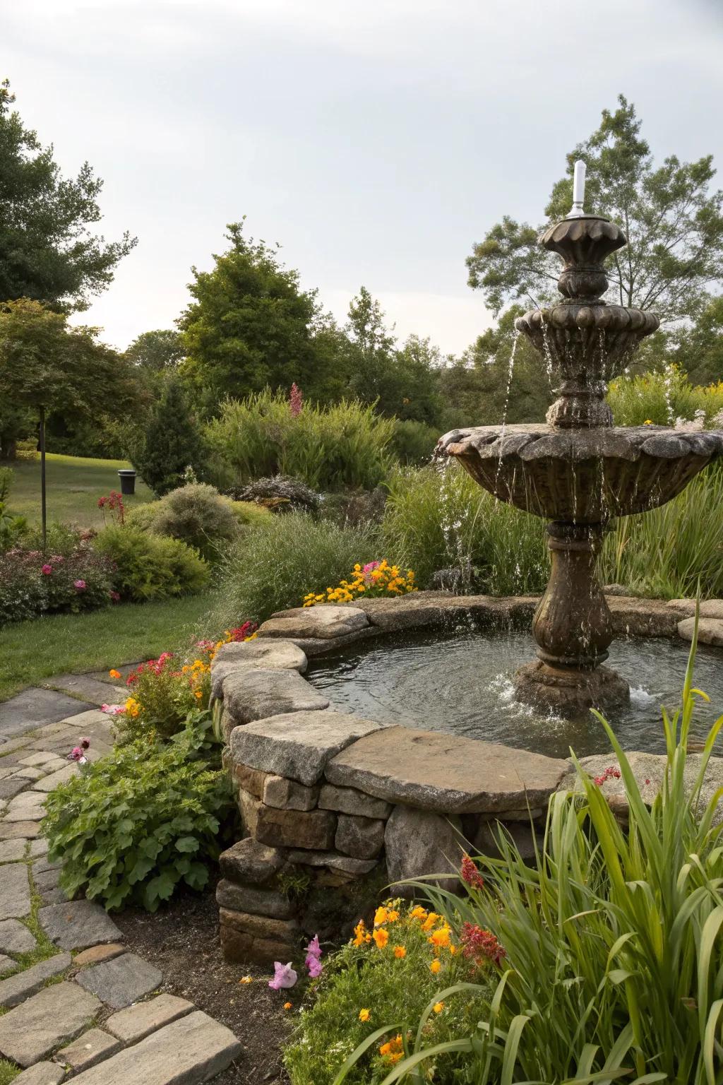 A natural stone water feature, an organic part of the garden landscape.