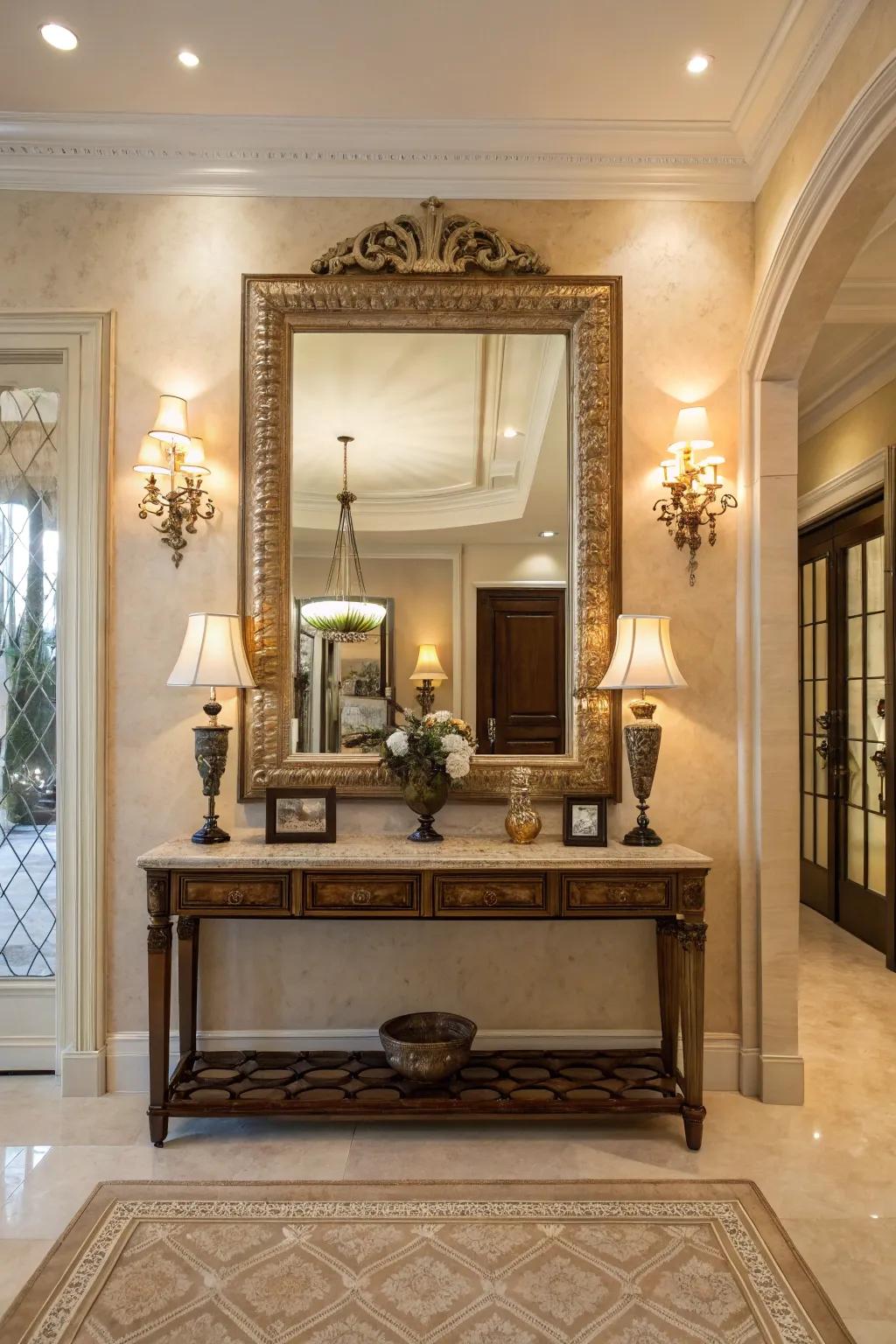 A generous mirror can revolutionize an entryway, giving it a more open and sophisticated ambiance.