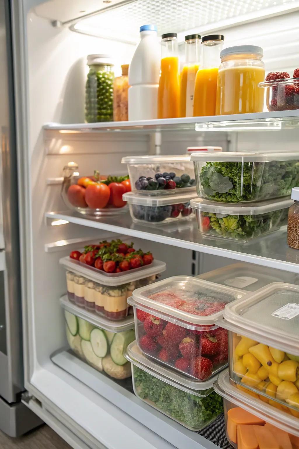 Transparent containers carefully organized on refrigerator shelving.