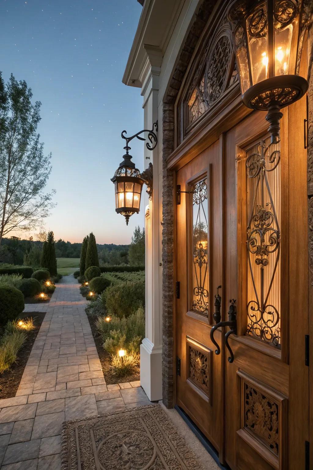 Timeless entryways come to life with classic lantern-style lights.