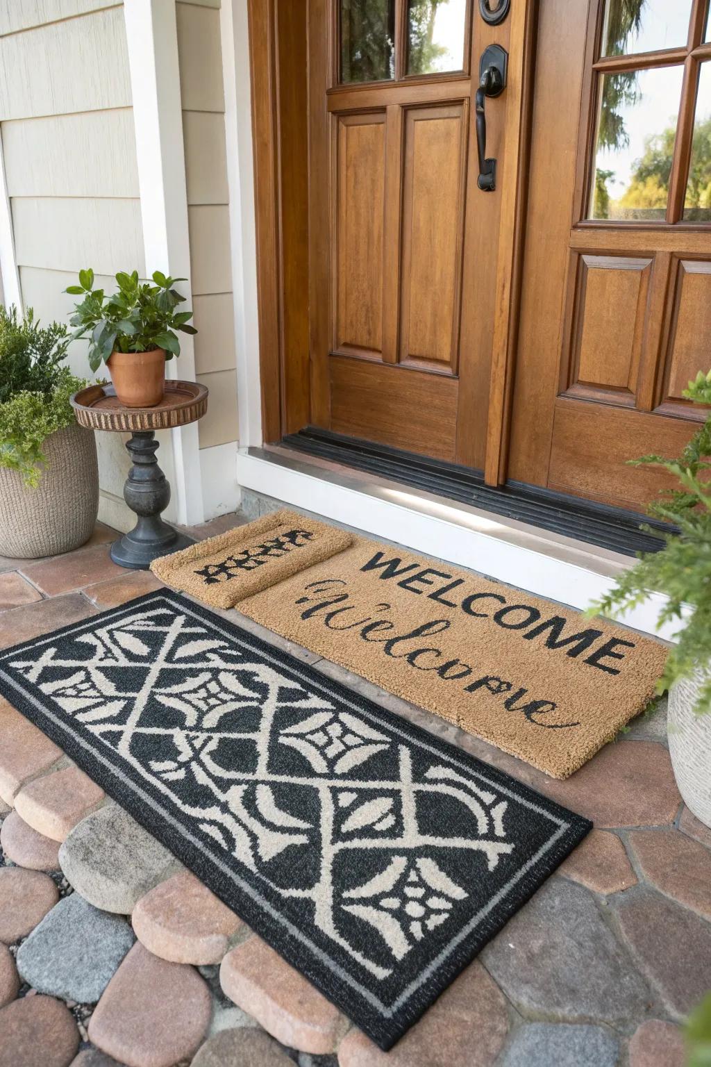 Layered doormats give a cozy feel to the entryway.