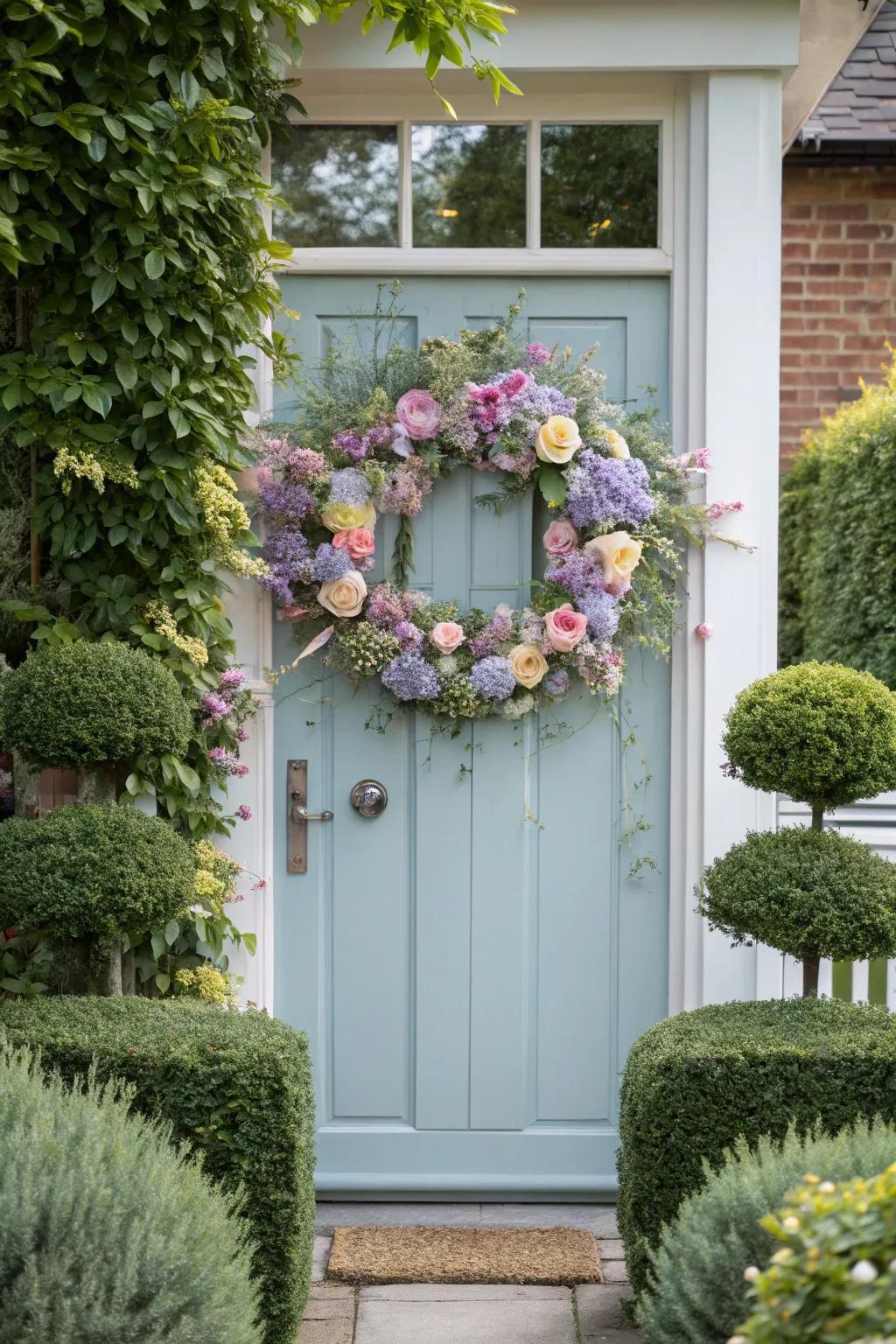 A blossom-filled halo on the entryway provides a classic, loving reception.