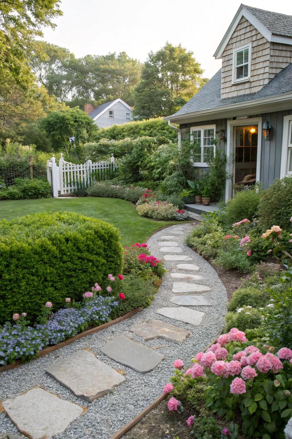 Enchanting gravel walkways meander through an abundant garden landscape.