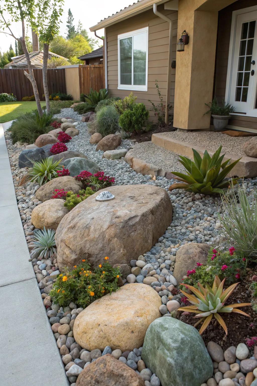 A tranquil rock garden in the front yard.