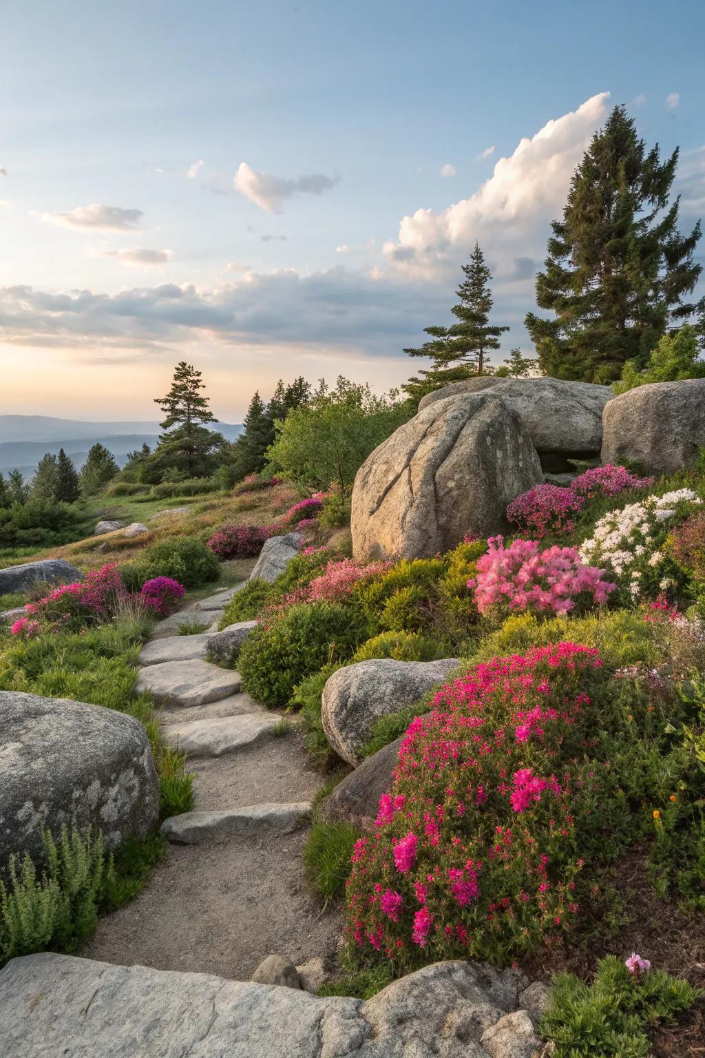 A seamless symphony of robust boulders and cheerful blooms, defining a captivating garden scene.