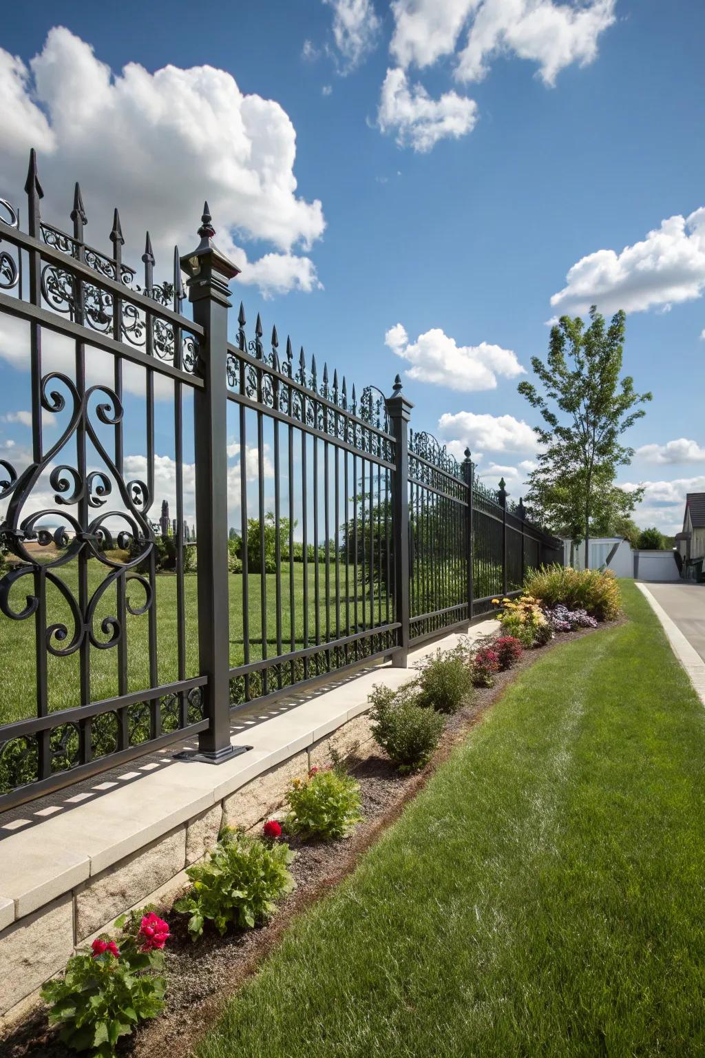 A traditional metal artistry barrier featuring detailed scrollwork beneath a vibrant sky.
