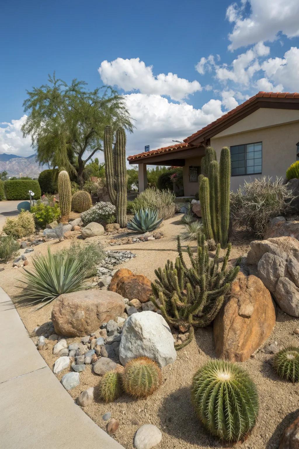 A front yard xeriscape embraces a desert theme, spotlighting cacti and succulents as key features.