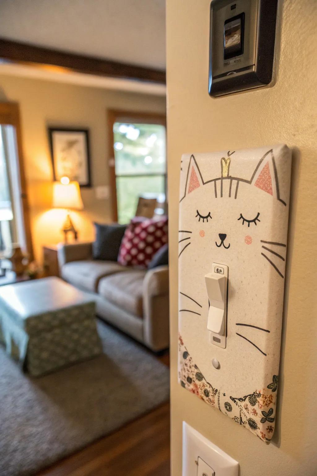 A playful cat-themed light switch cover brings instant charm to any space.
