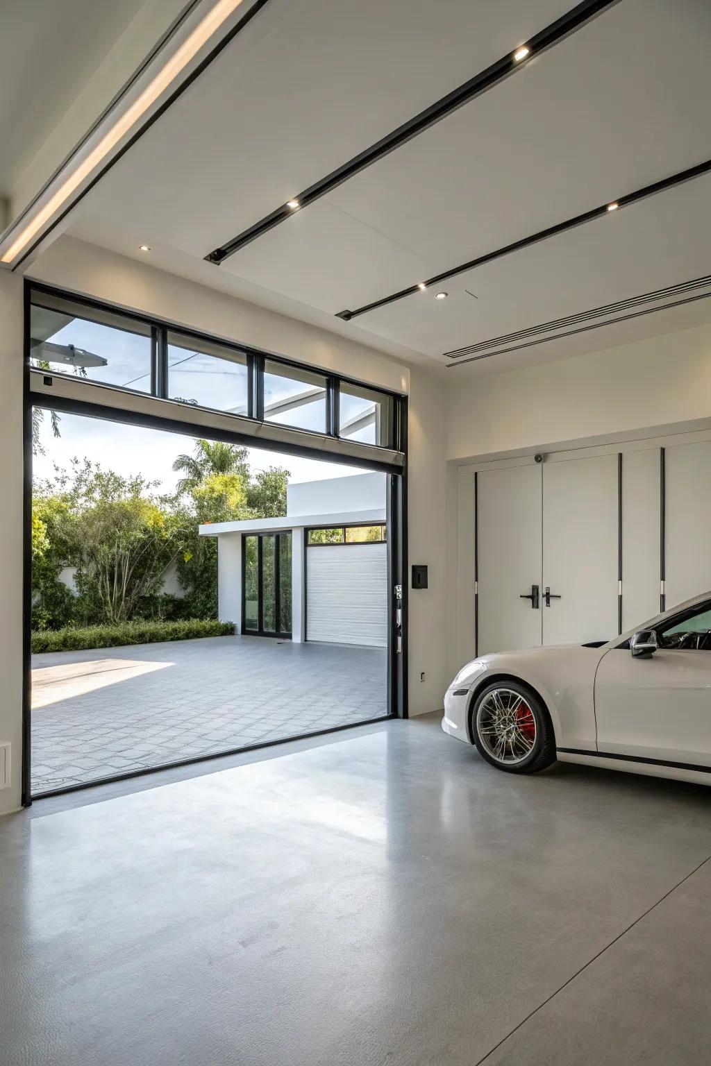 A minimalist garage seamlessly connected to a modern dwelling.