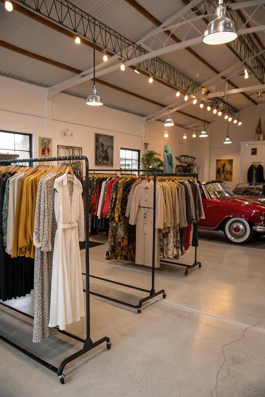 Stylish clothing displays on adjustable racks in a garage boutique.