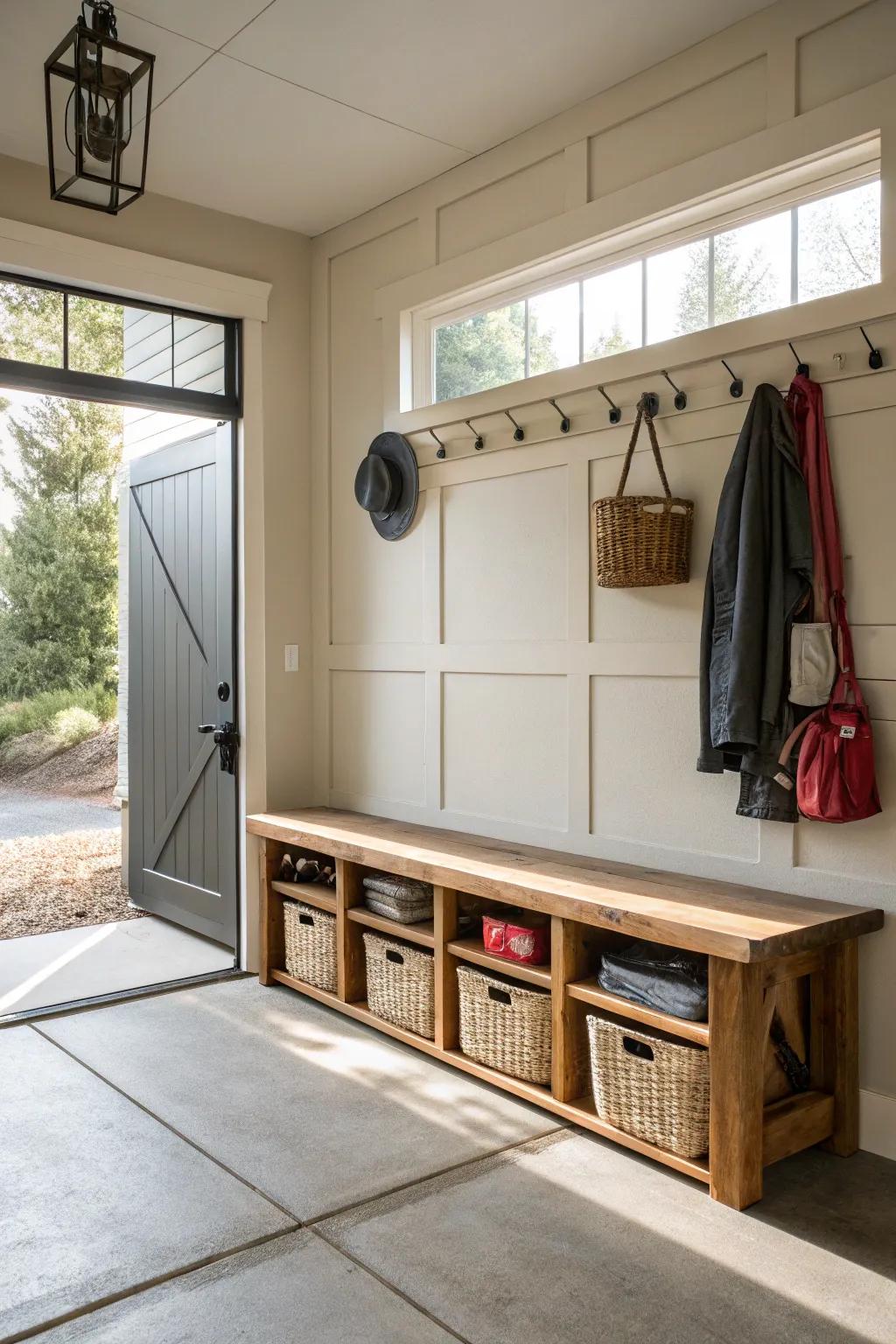 A functional bench with storage turns your entryway into a tidy area.