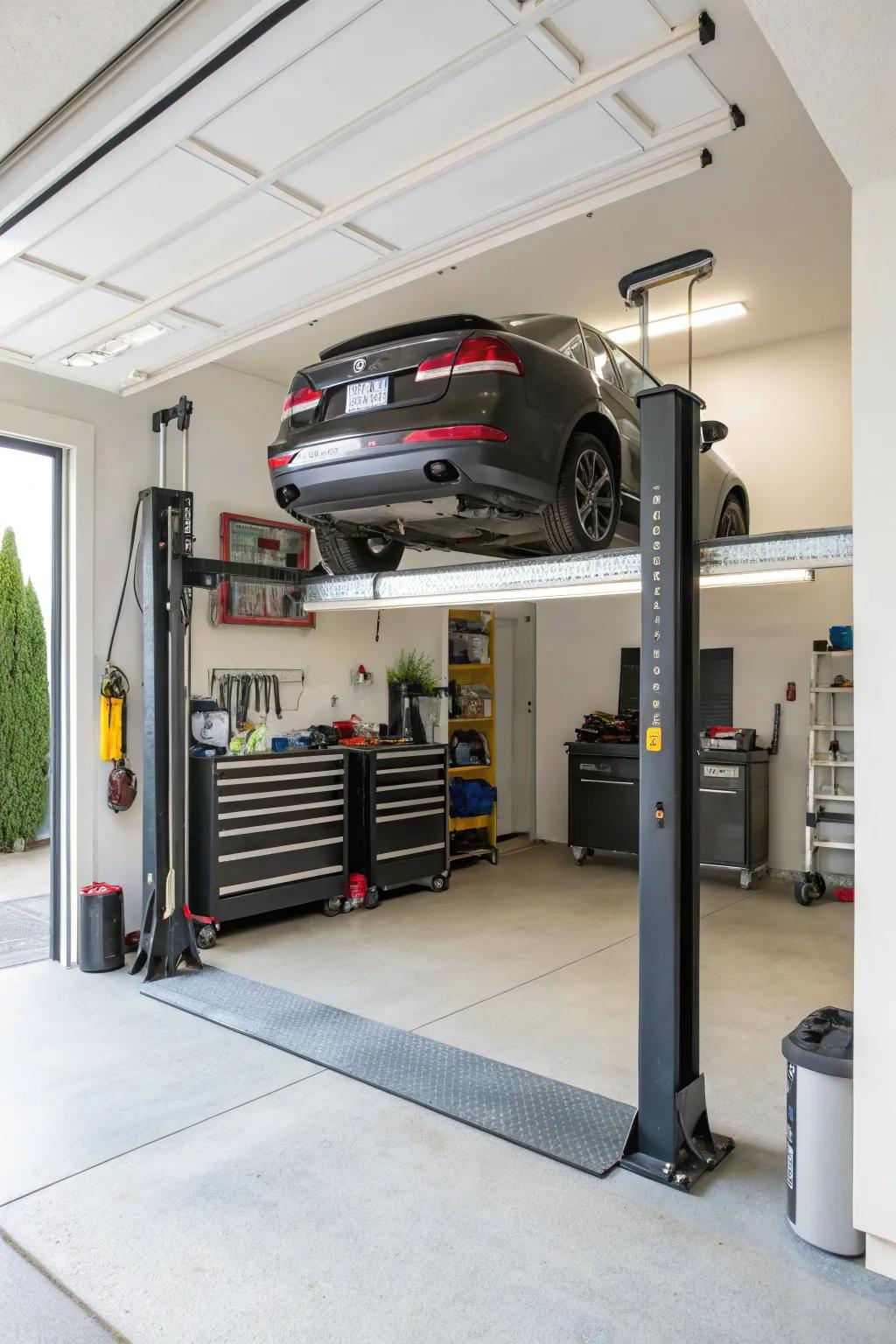 A double-column hoist in a home garage offers easy access for car maintenance.