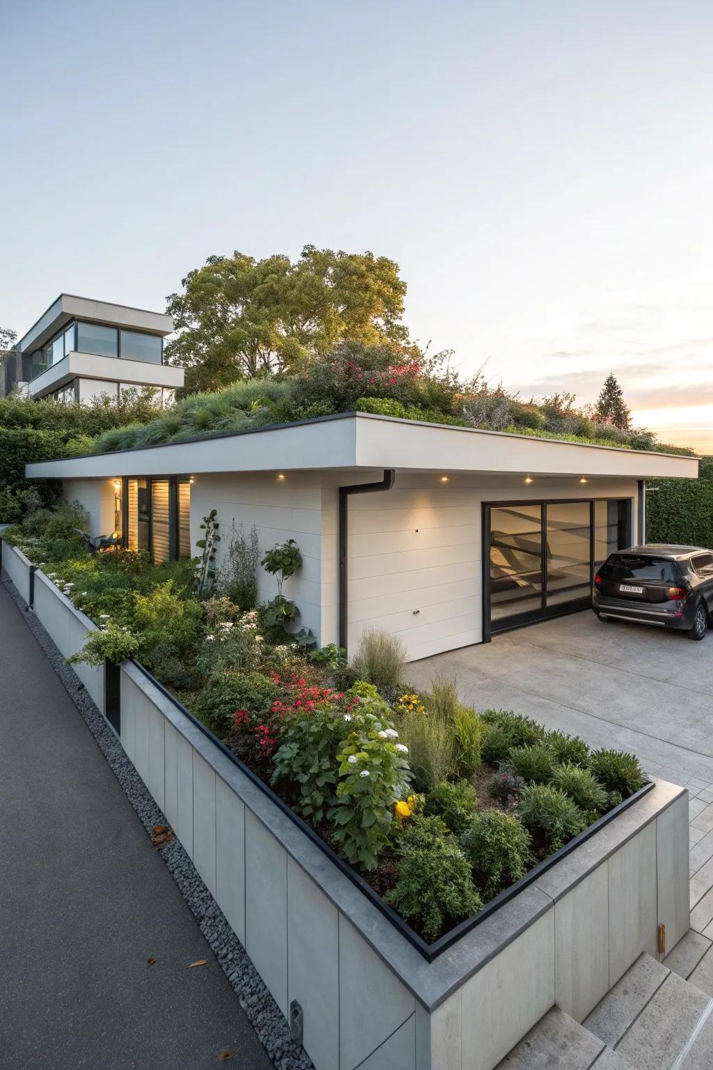 A flat roof upgrade with a vibrant rooftop garden enhances contemporary elegance.