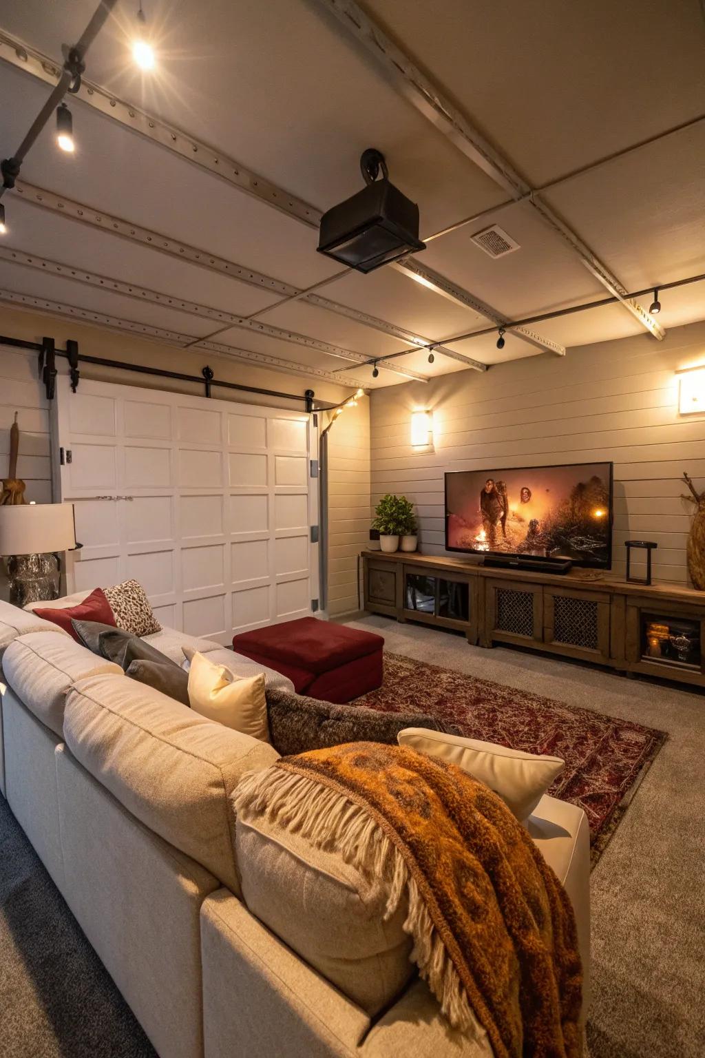 Transform your garage into a serene lounge with a plush sofa and a large screen TV.