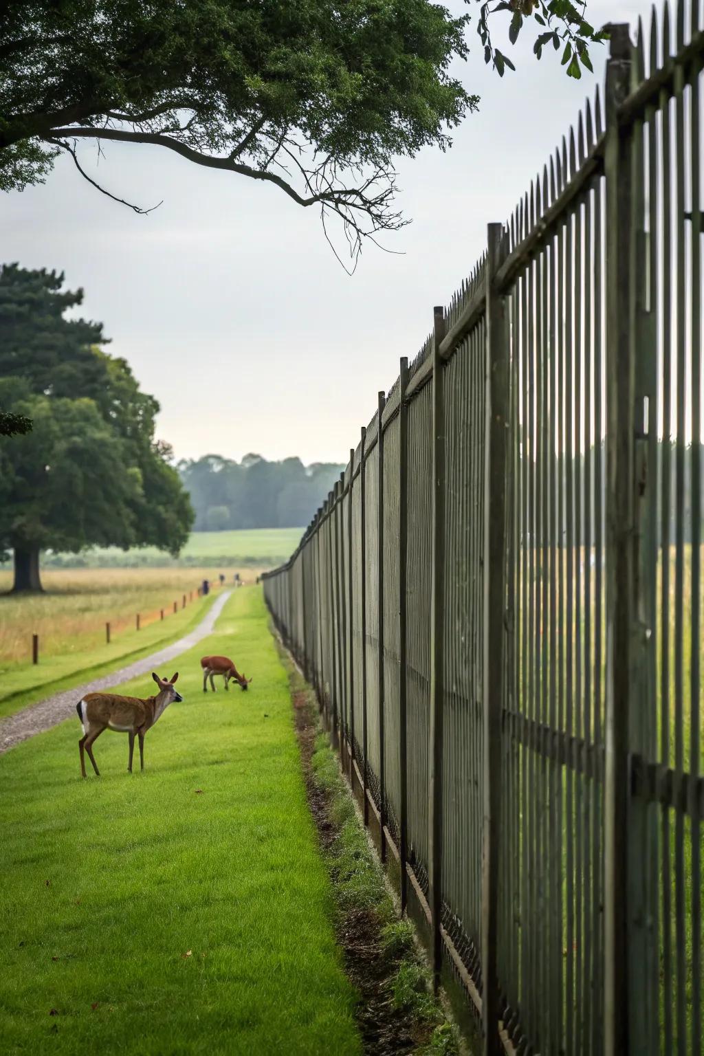 A majestically tall fence stands guard, effectively barring deer from venturing into the garden's sanctuary.