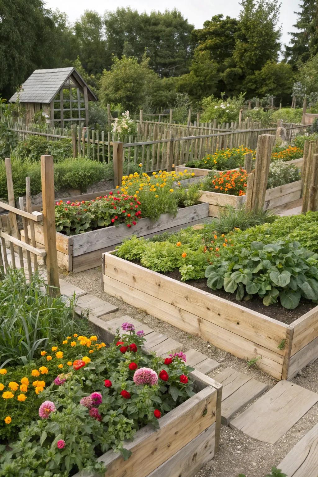 Integrated raised garden beds and fences create a dynamic, layered garden composition.