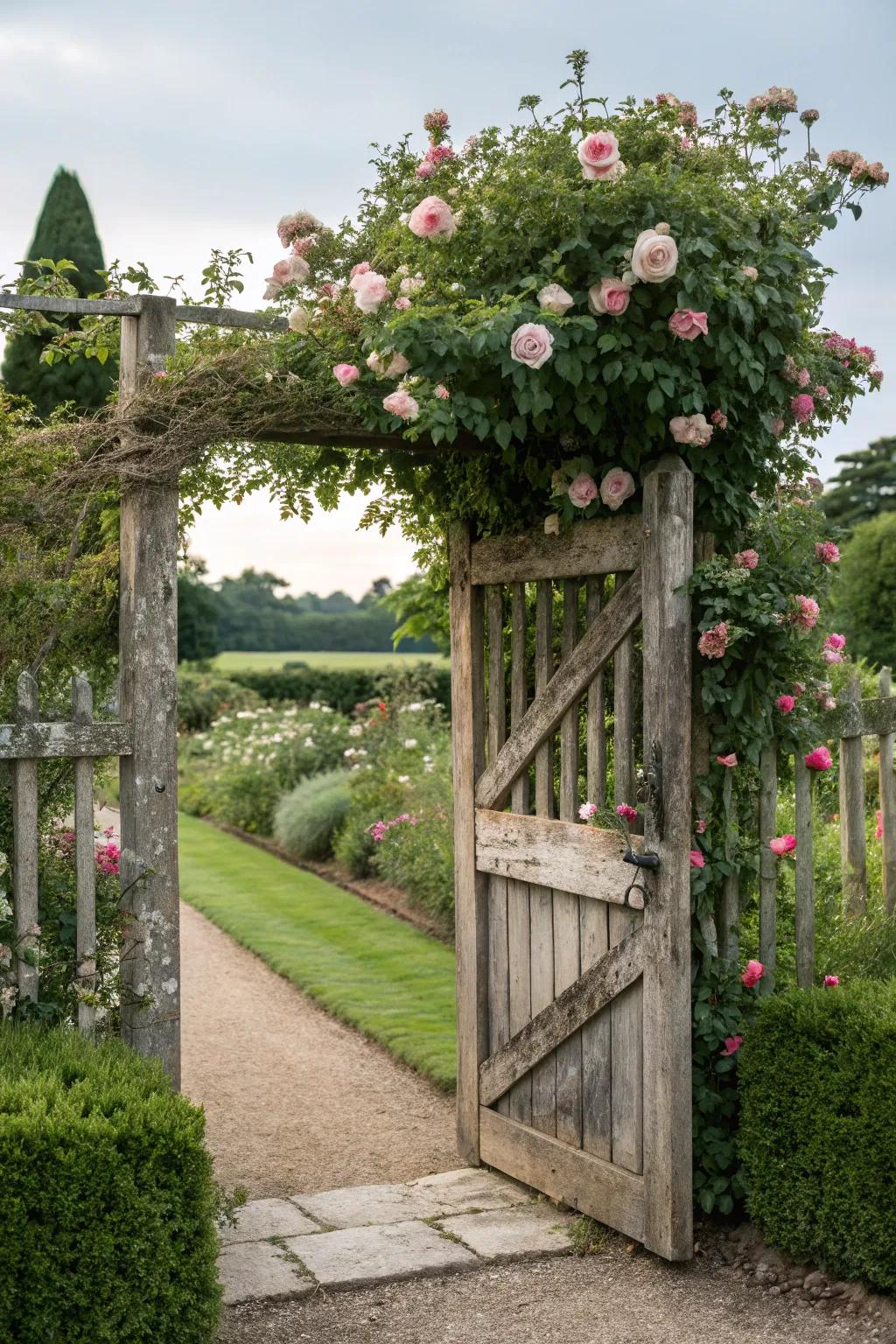 Countryside timber gate adorned with rambling climbers crafts an amiable garden doorway.