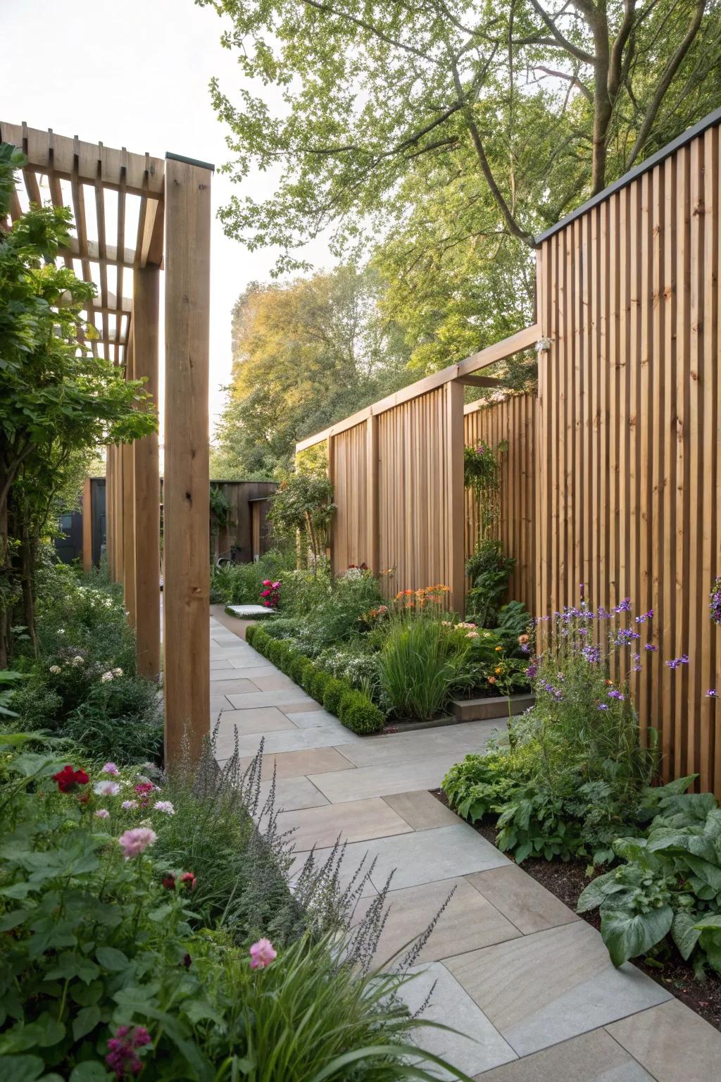Wood dividers provide a classic method for garden privacy.