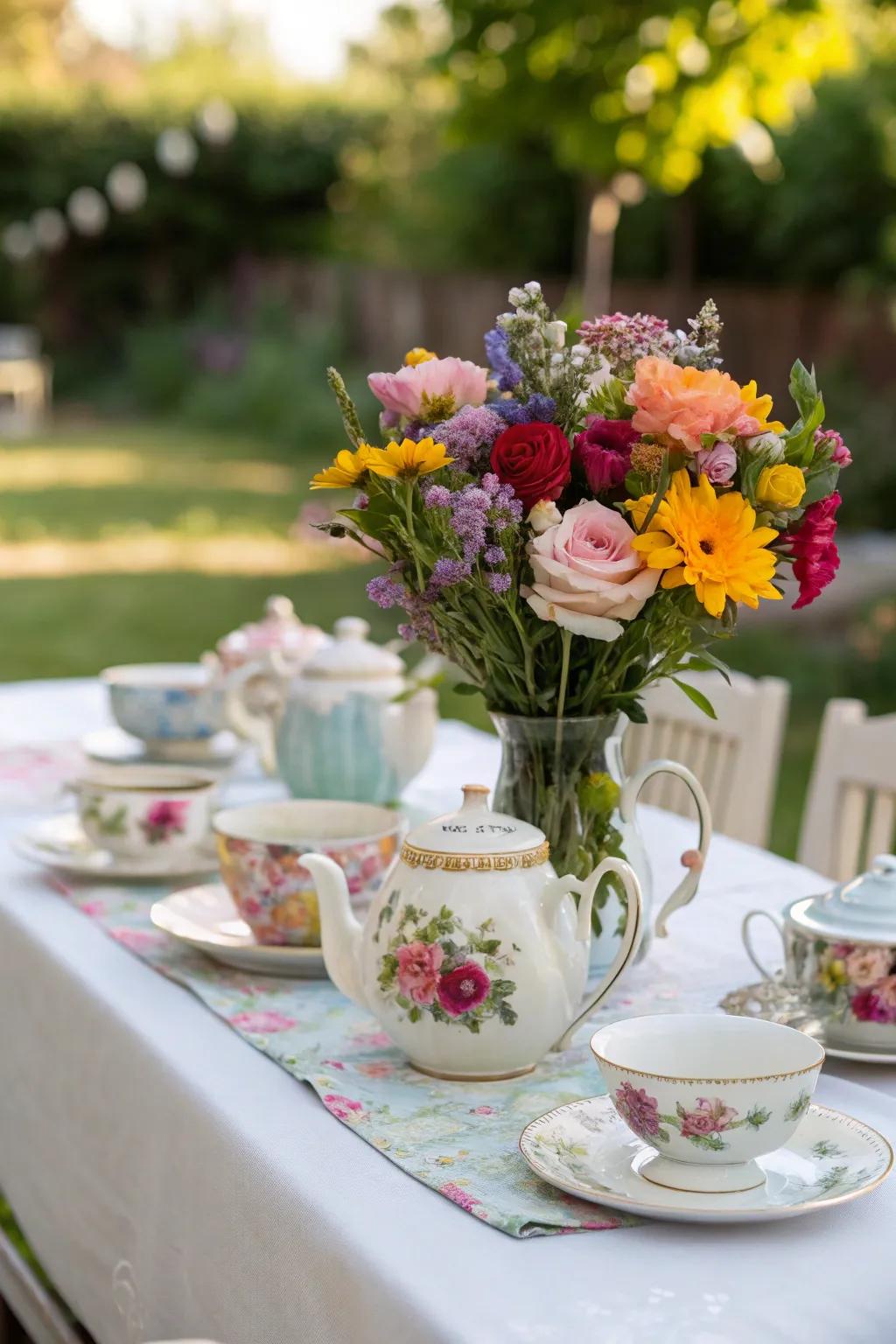 Floral arrangements displayed in vintage teacups infuse allure to every garden soiree.