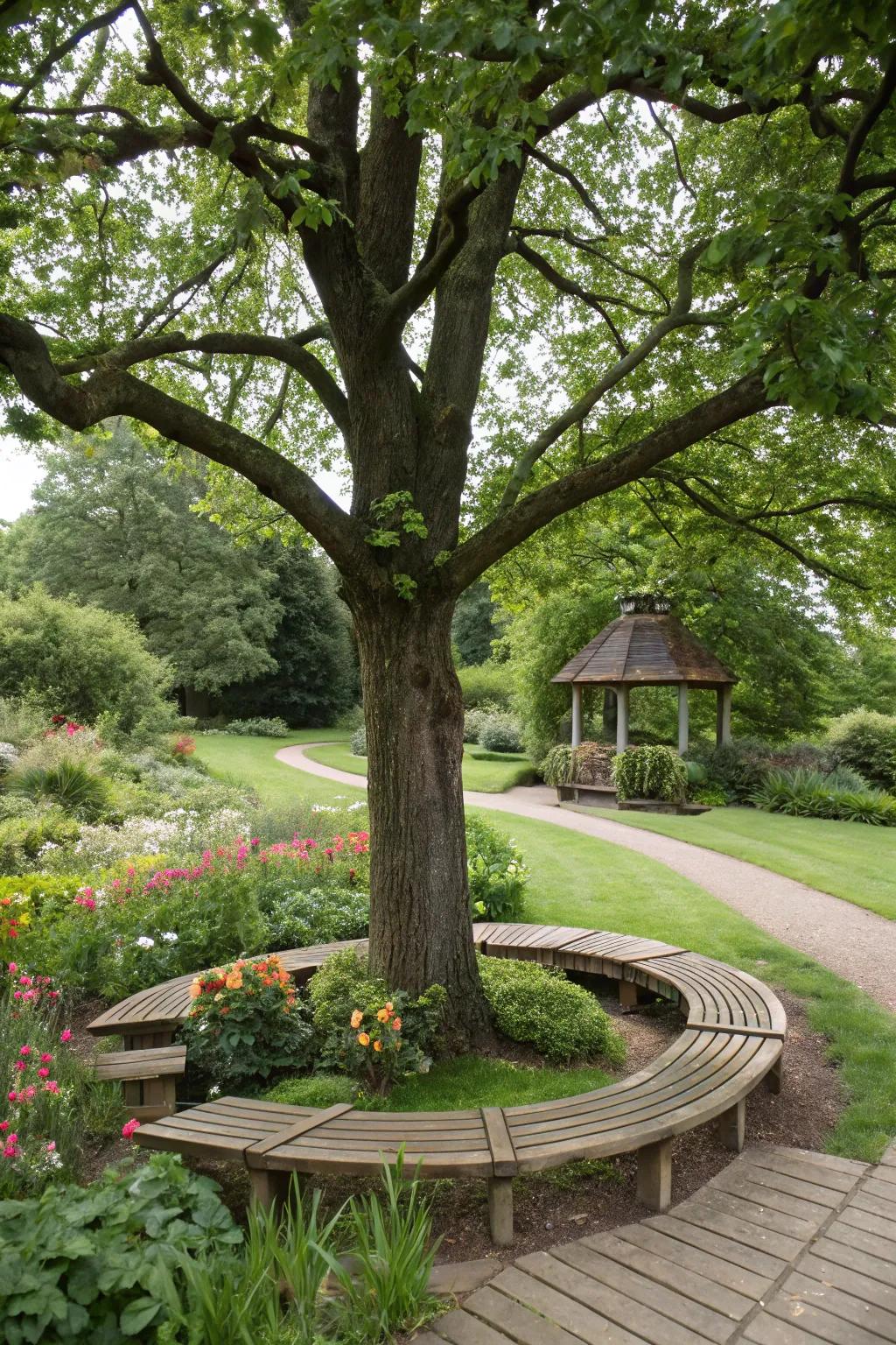 A round bench surrounding a tree, the perfect spot for peaceful relaxation.