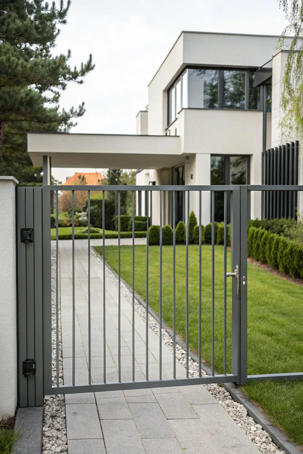 An ultra-modern metal gate, delivering a contemporary flourish to a modern home.