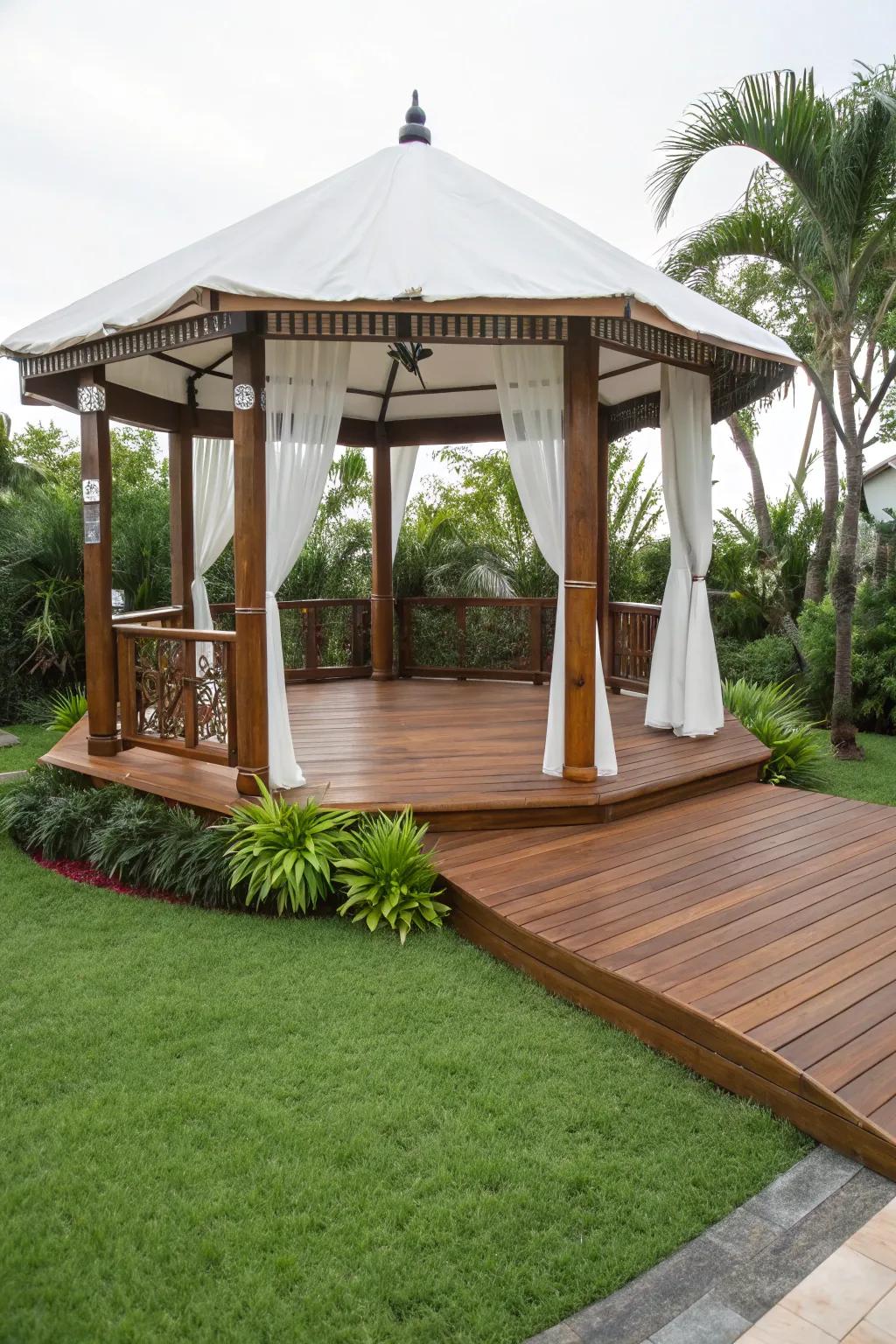 Classic timber decking infuses any gazebo setting with warmth and sophistication.