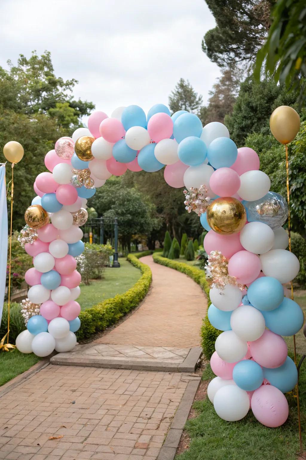 A lively balloon arch sets the perfect tone for a gender reveal celebration.