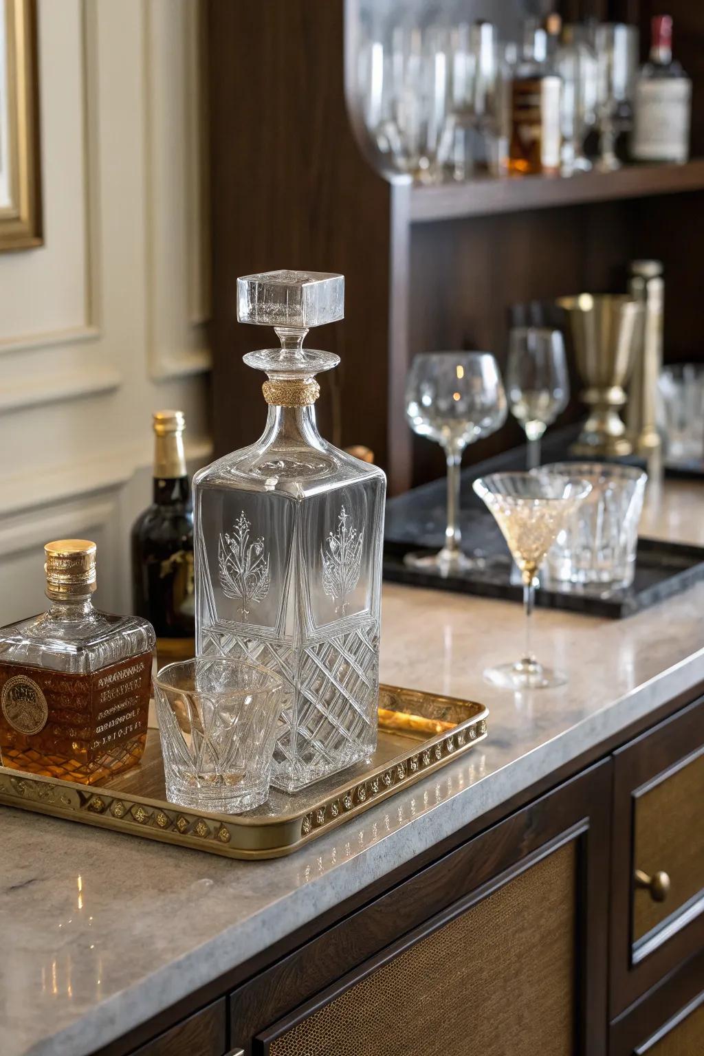 A custom engraved carafe brings a personal element to any bar.