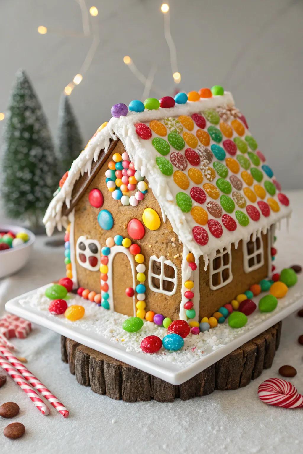 A gingerbread house adorned with candies, a burst of chromatic delight.