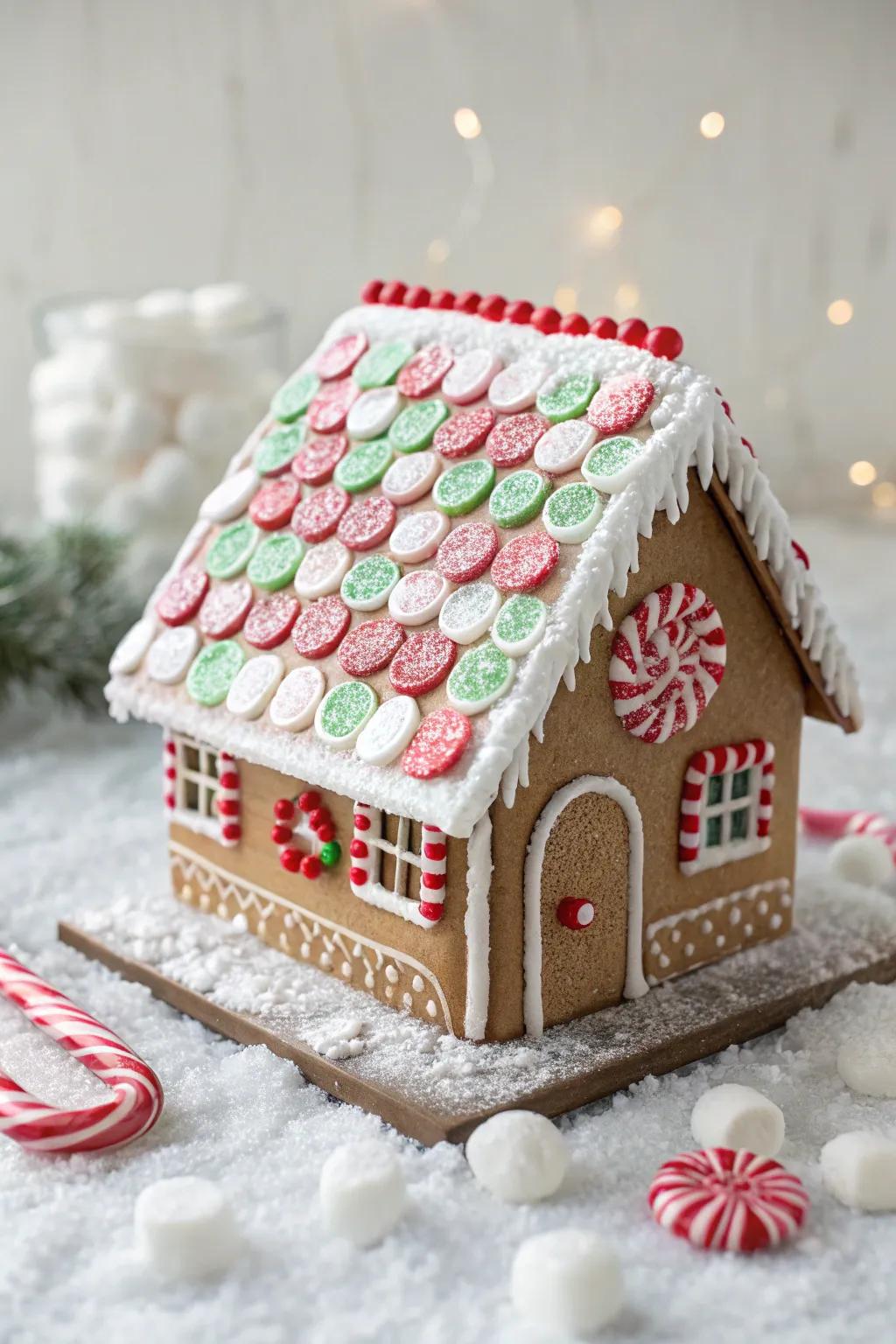 Sweet stick shingles contribute a vibrant and festive touch to gingerbread house roofs.