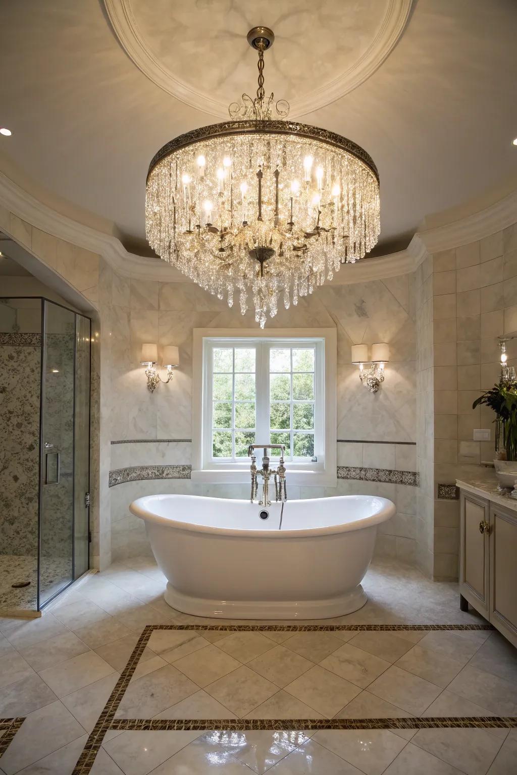 A dazzling bathroom showcasing a crystal chandelier suspended above a freestanding bathtub.